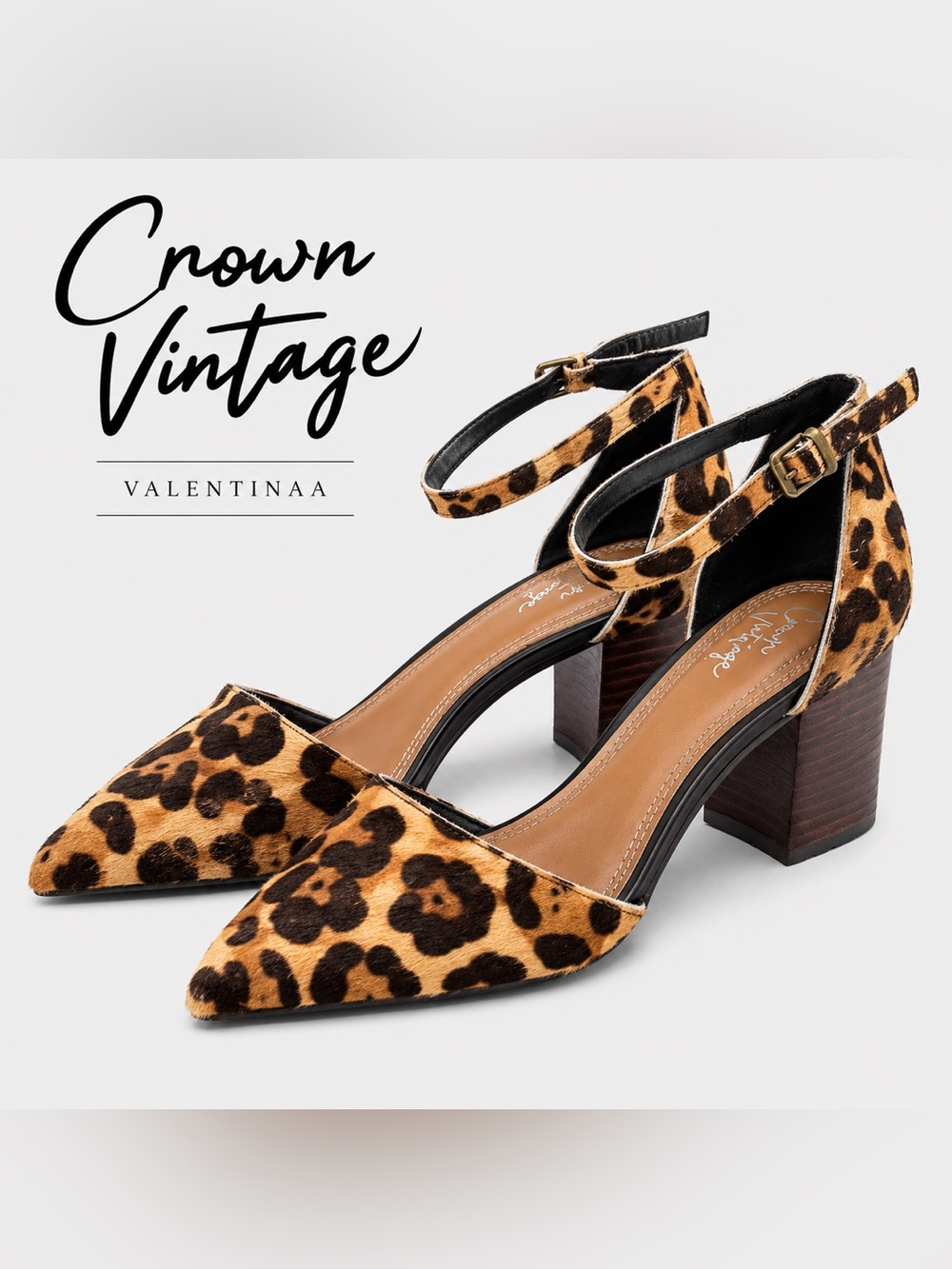 Crown Vintage Valentinaa Leopard Calf Hair Pointed Toe Block Heels 8M